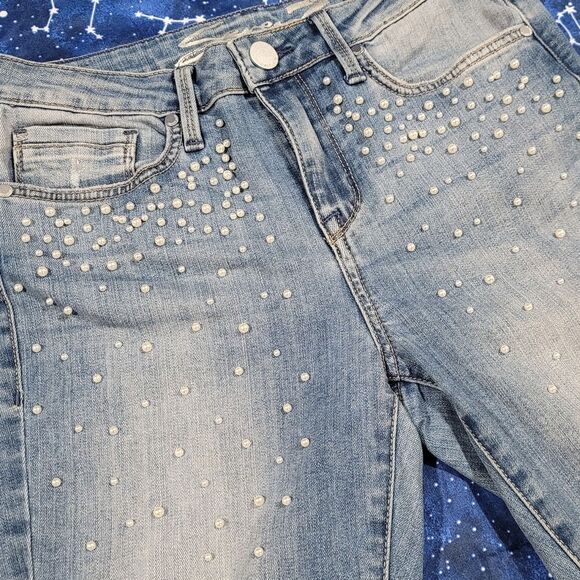 Seven7 size 4 pearl embellished distressed Denim Mid Rise Skinny Blue Jeans - Picture 3 of 12